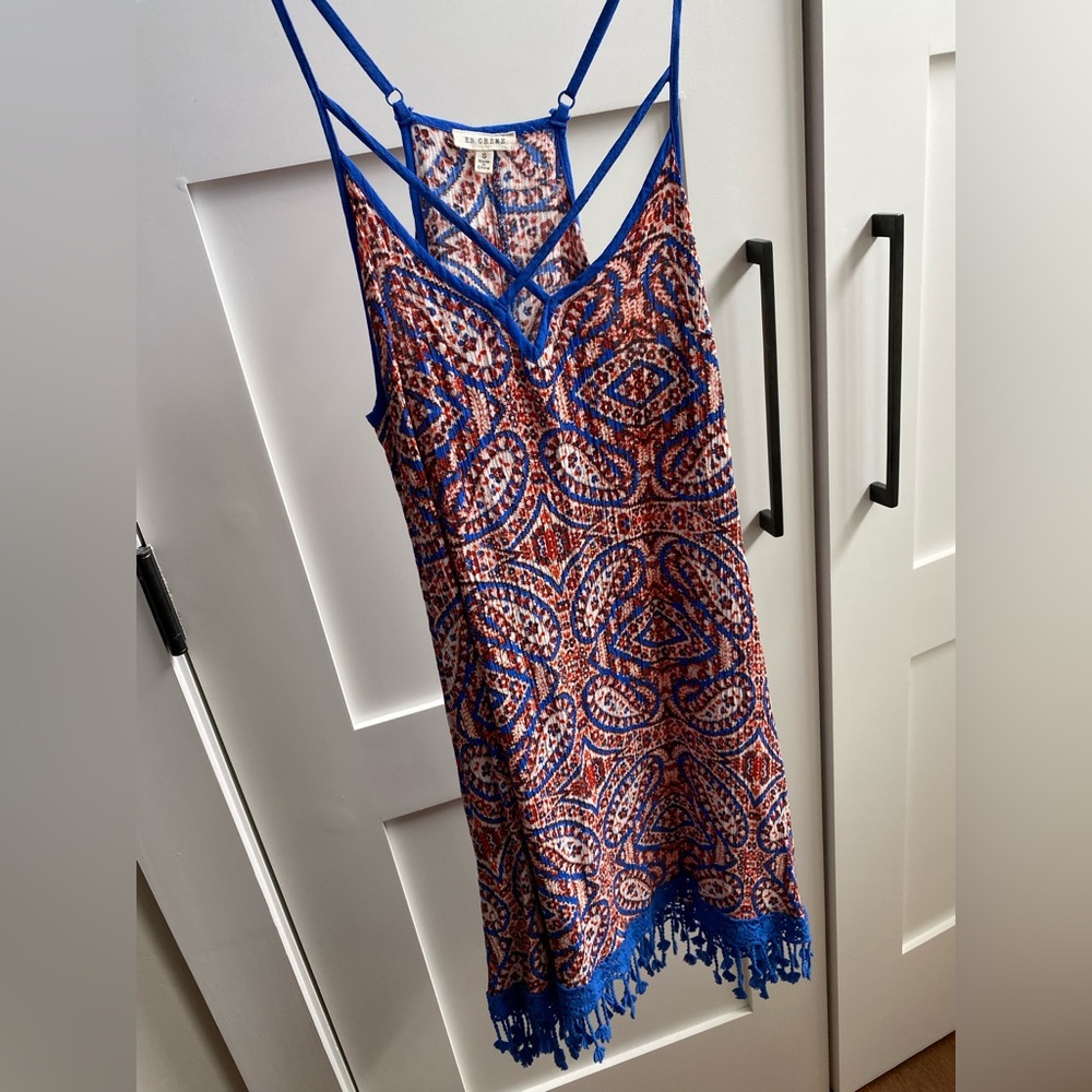 Multi color adjustable strap dress with bottom fringe detail